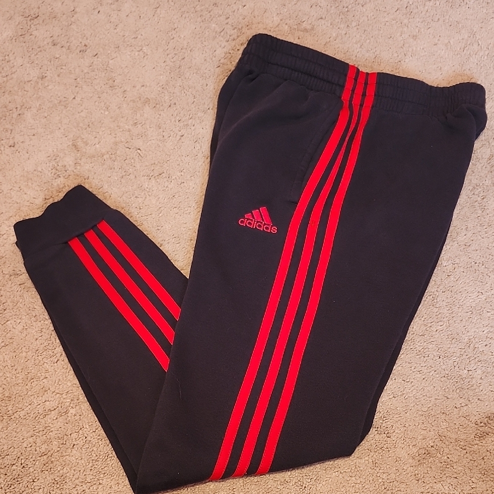 Adidas Kids Black Joggers with Red Stripes